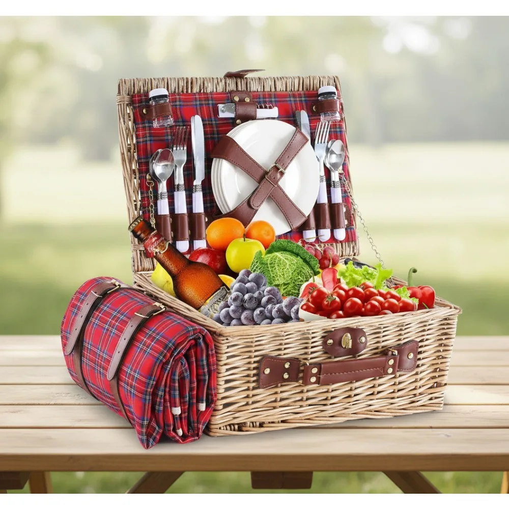 

Vintage Wicker Picnic Basket Set for 4 with Waterproof Blanket & Cooler - Perfect Camping Outdoor Gift