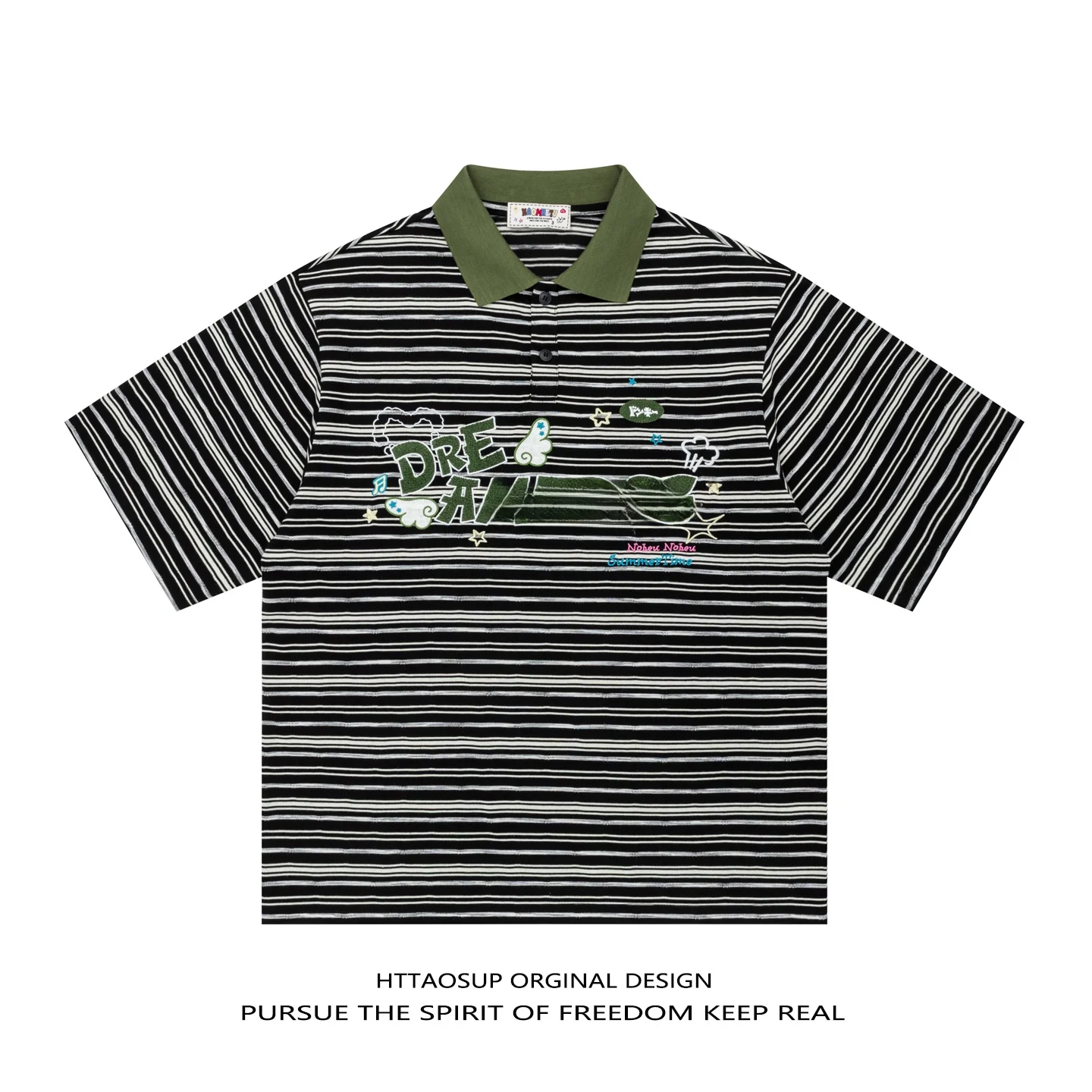 HTTAOSUP American Retro Striped  Shirt Short Sleeve Loose College Style Top for Men And Women Summer New Casual Cotton T-...