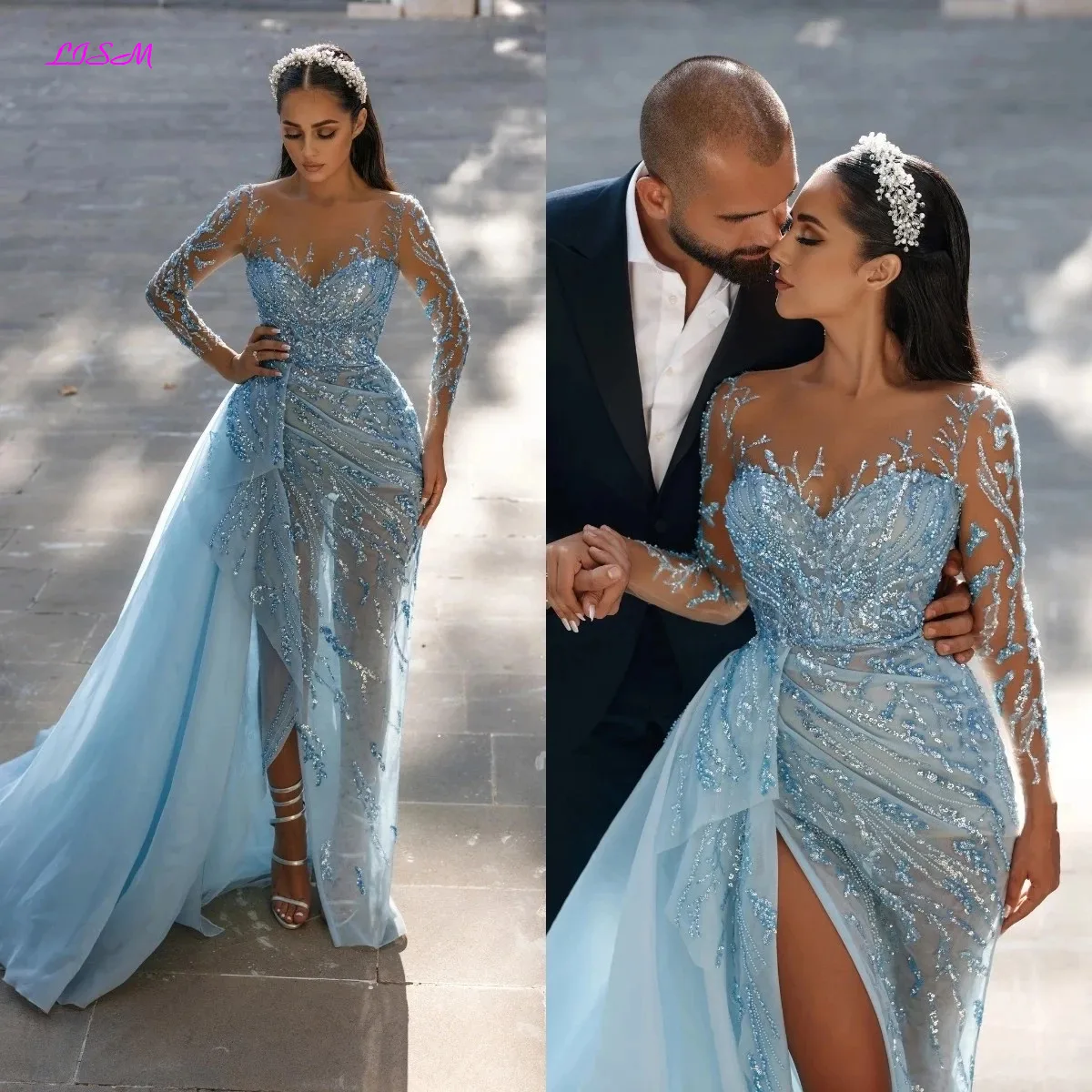 Gorgeous świecący pełna rękawy Mermaid suknie balowe niebo niebieska koronka Split długie suknie wieczorowe Illusion z wycięciem Tulle Party Dress