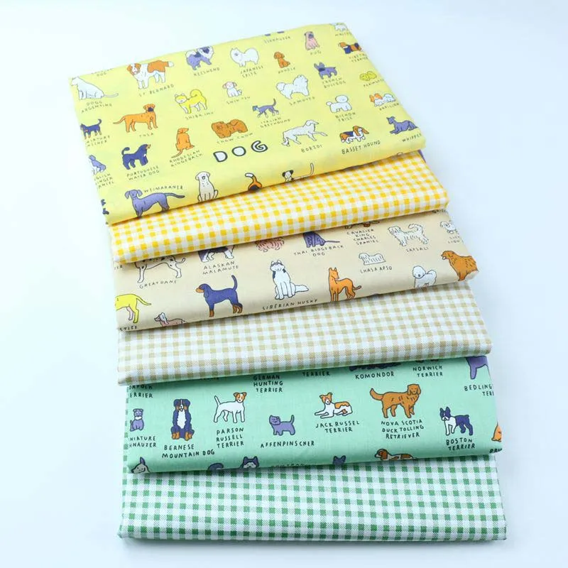 Cartoon Cute Yellow Camel Green Dog Club Lattice Check 100% Cotton Fabrics Tissue Textile for Kids Sheet Cushion Decor Clothes