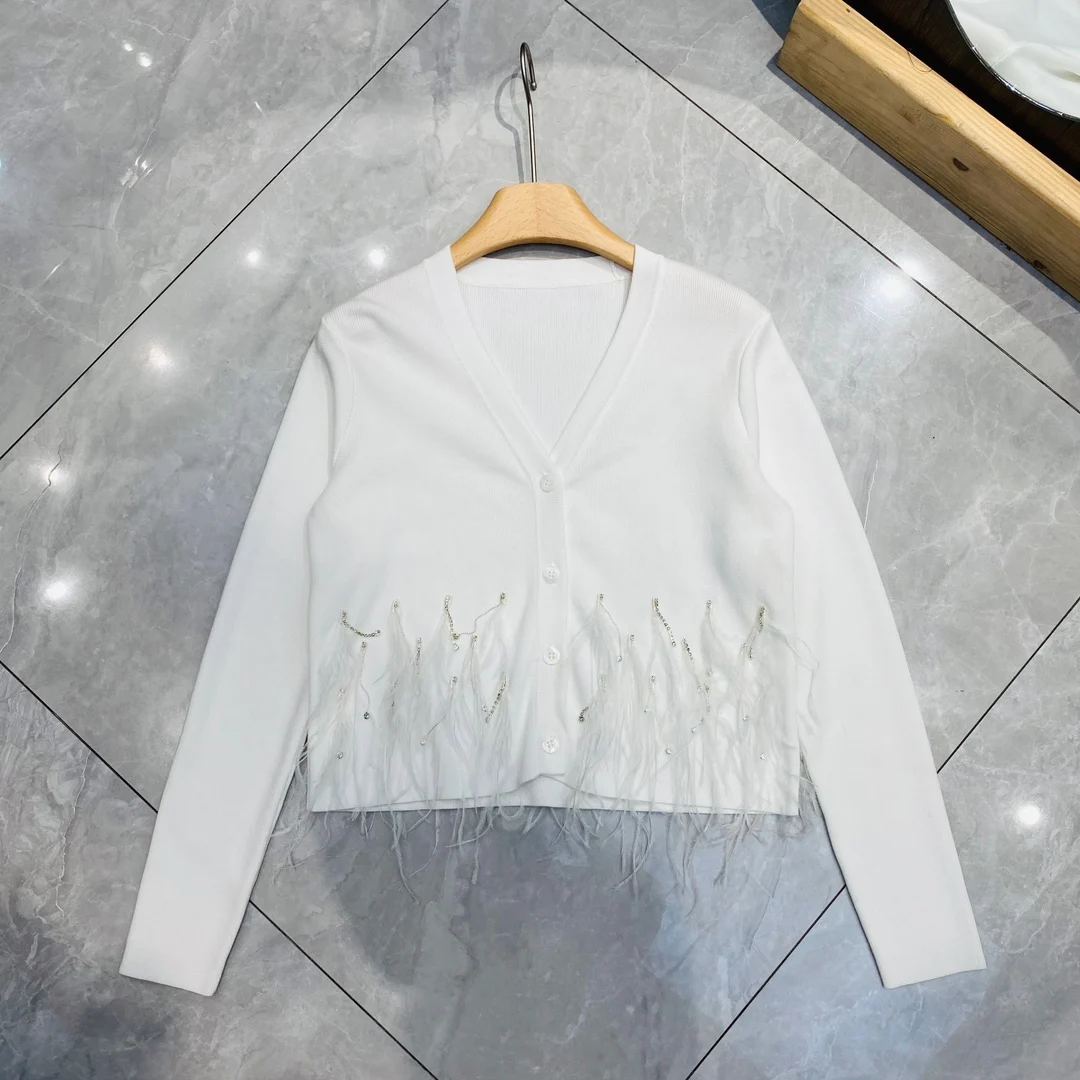 2024 Summer and Autumn New Women's Clothing Customized bead chain feather design single breasted temperament knitted jacket 0808