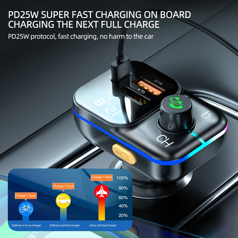 KEBIDUMEI C24 Bluetooth5.0 Adattatore per auto Trasmettitore FM Dual USB3.1A + PD3.1A Caricatore Display Lettore MP3 Accessori elettronici per auto