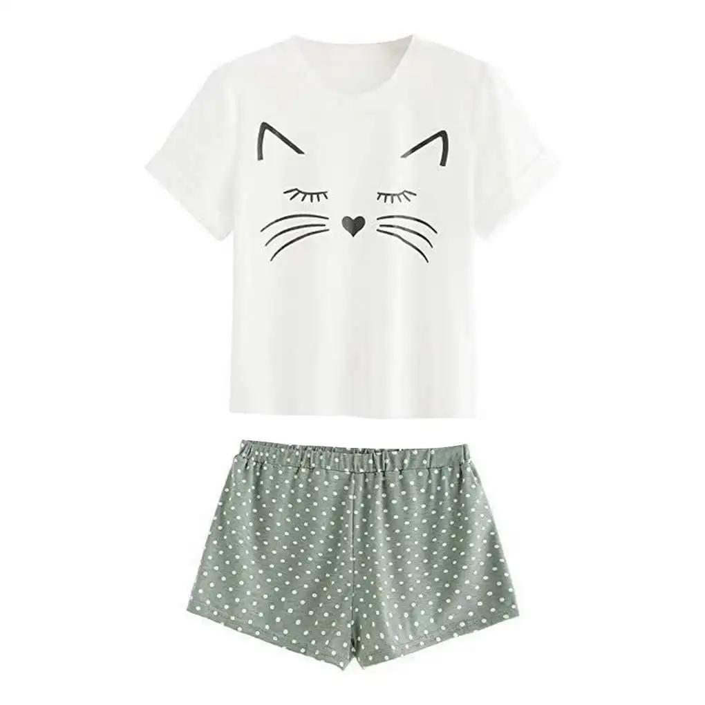 

Women's Casual Sleepwear Nightwear Set Pajamas Short Sleeve Cartoon Top Shorts