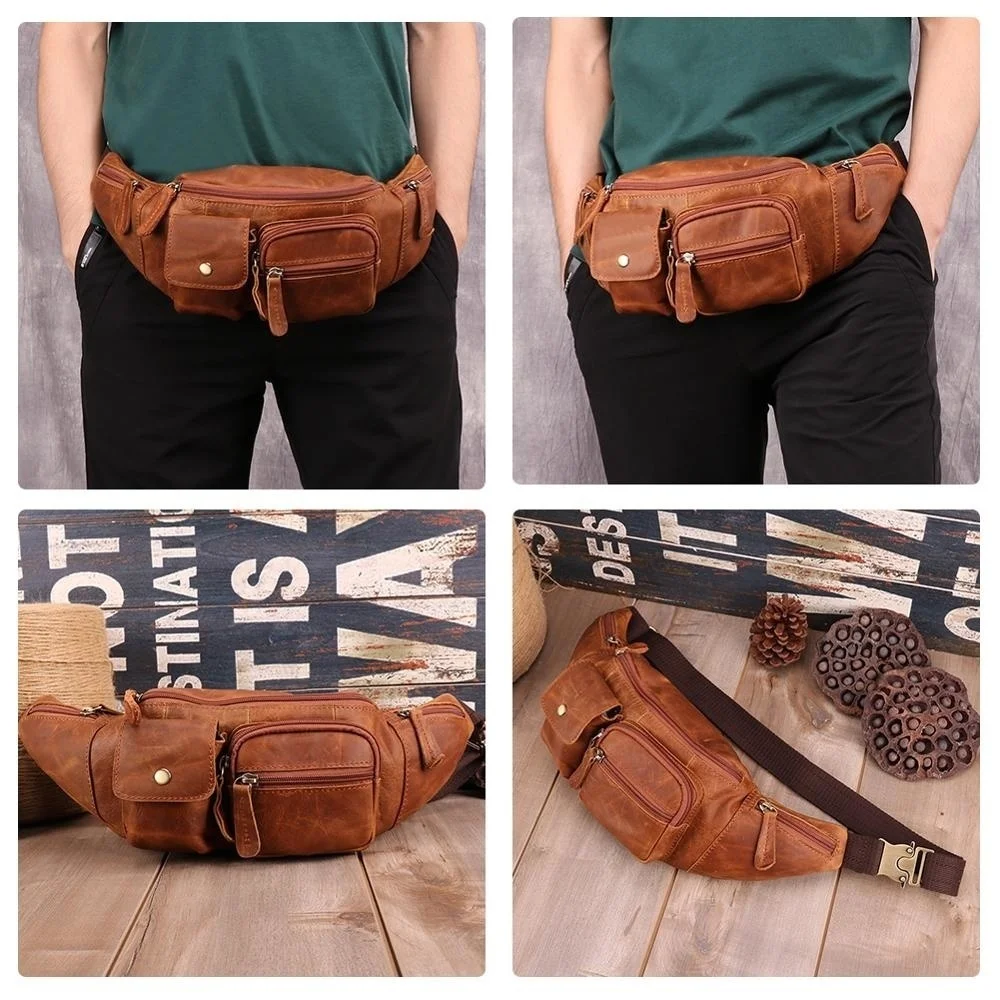 Bolso de cintura de cuero genuino para hombre, bandolera de hombro, multifunción, alta calidad