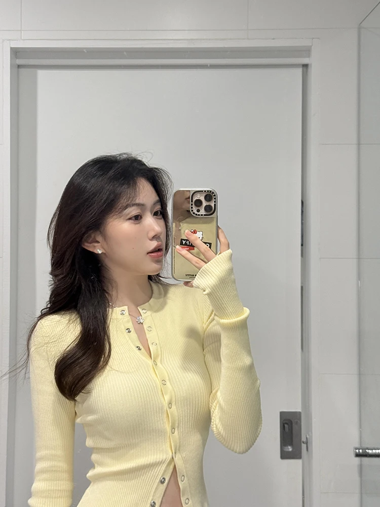 엘리 스위트 니트 오픈 가디건 여성용 슬림핏 롱 스웨터 순색 2025 신상 다용도 슬림핏 연령 감소 탑