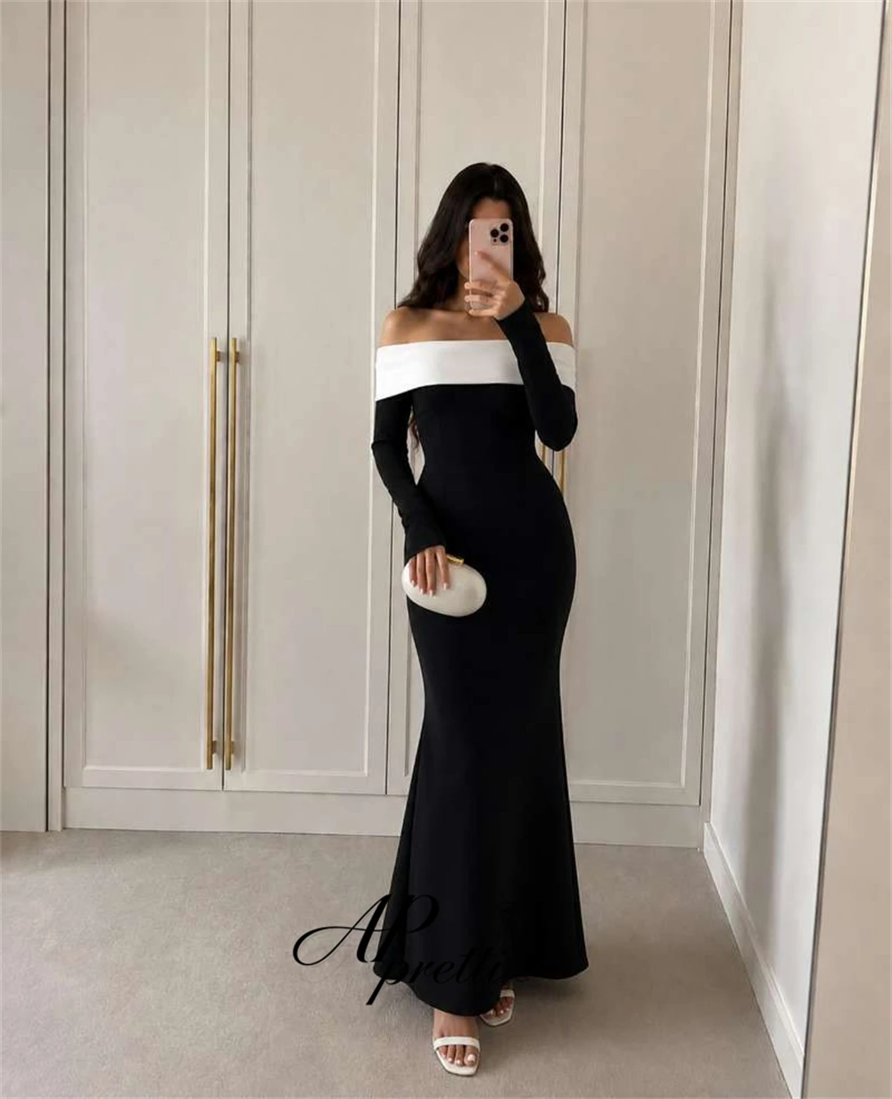 AP pretti Contrast Color Off Shoulder Satin Mermaid Evening Dress Customized Long Sleeve Party Prom Gown Vestidos De Noche 2026