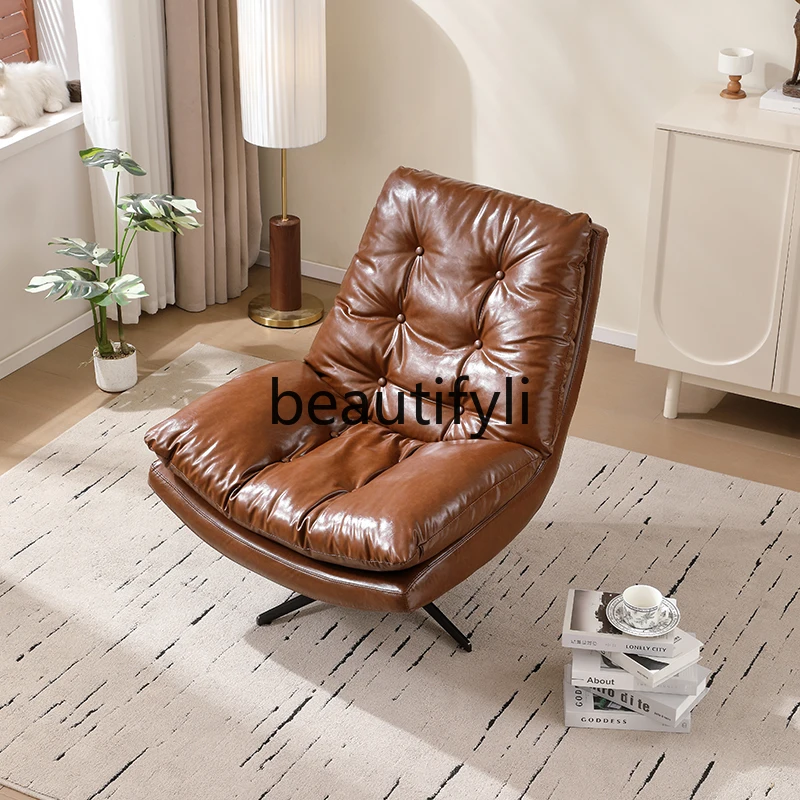 Retro style leather sofa chair rotatable living room balcony study designer Italian light luxury oil wax leather leisure chair