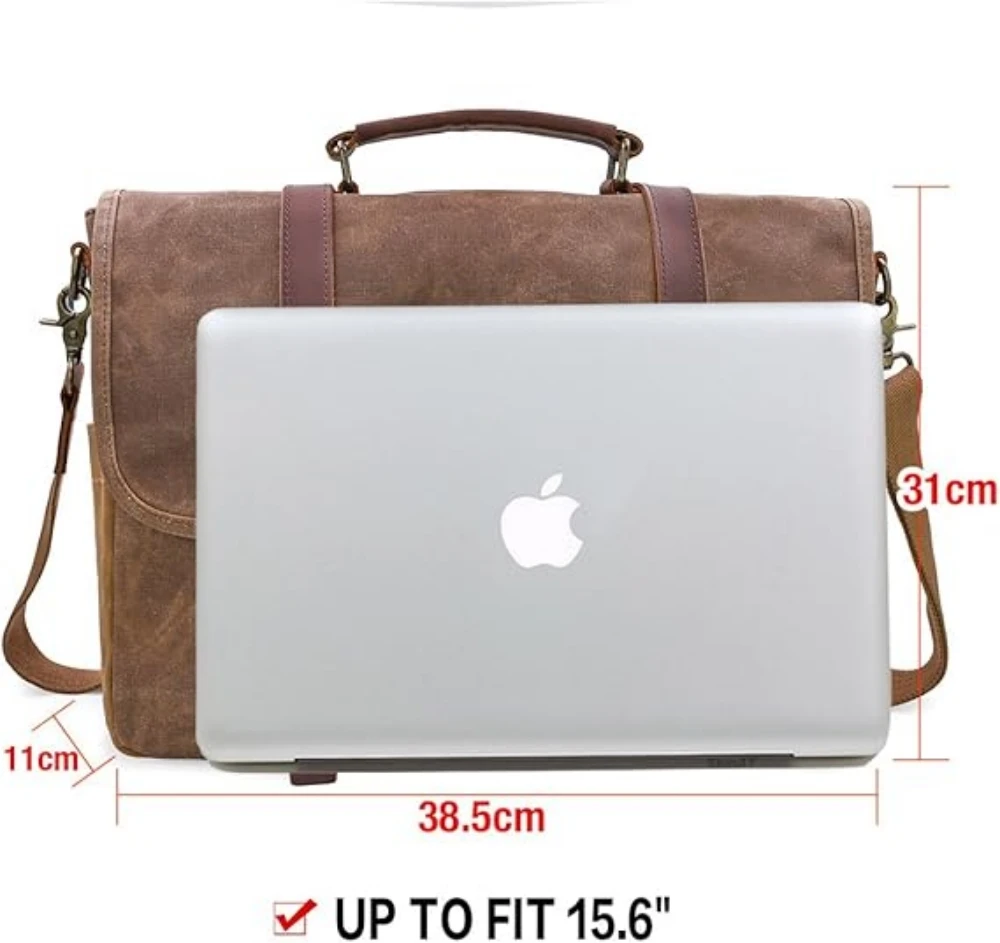 Mens Messenger Bag 15.6 Inch Waterproof Vintage Genuine Leather Waxed Canvas Briefcase Large Leather Computer Laptop Bag Rugged