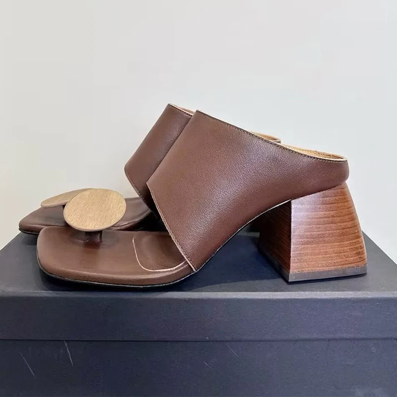 Genuine Leather Strange Style High Heel Flipflops Women's Fashion Versatile Square Toe Slippers Roman Sandals Ladies Party Shoes