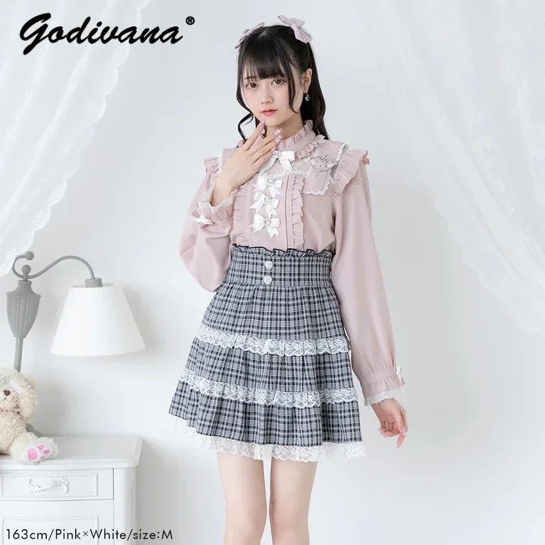 Japanese Mine Cute Bow Lotus Leaf Long Sleeve Shirt Spring and Autumn Girl Women's Lolita Blouse Sweet Tops