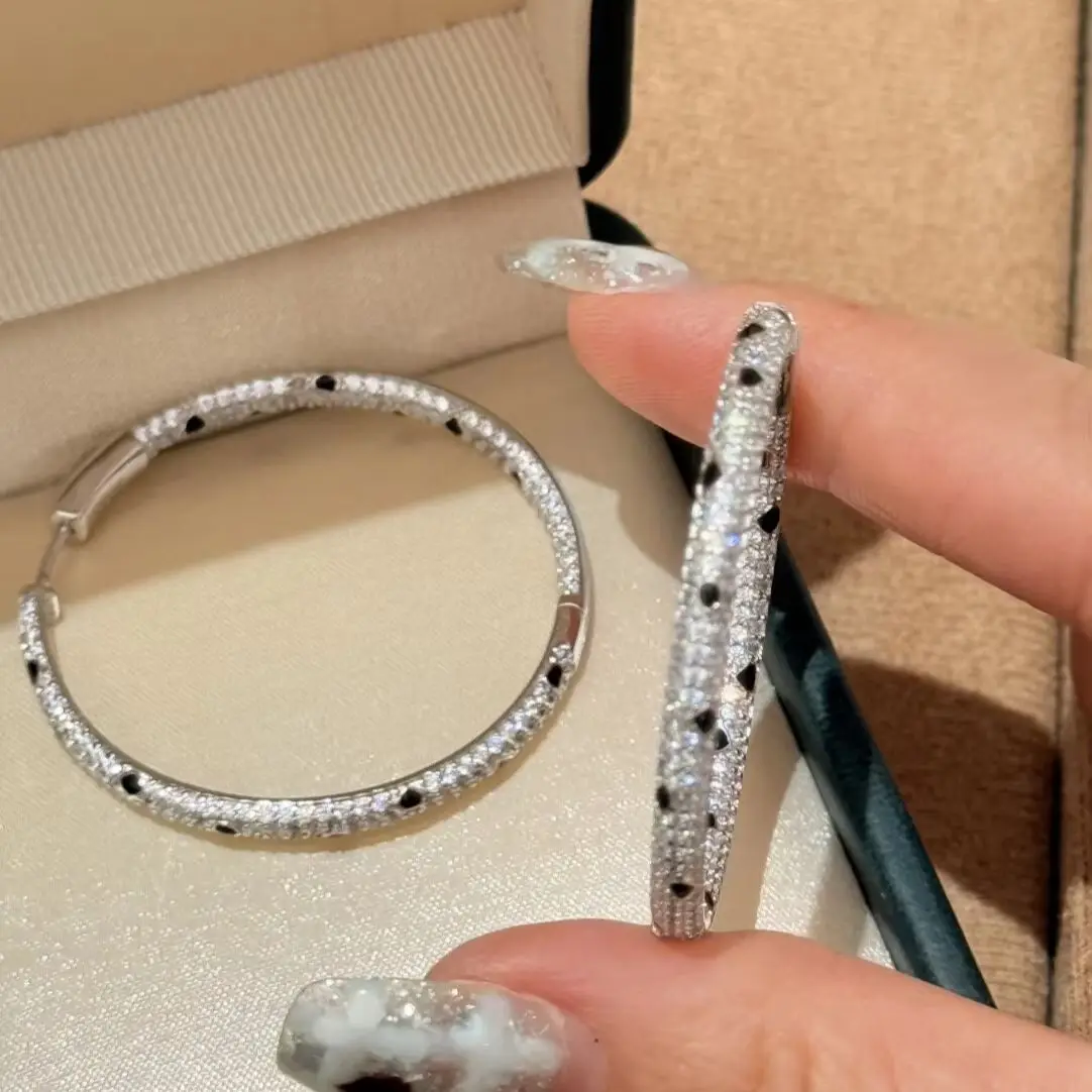 Bellux 925 Silver Synthetic Zircon Black and White Full Diamond Leopard Print Round Hoop Earrings Light Luxury Fine Jewelry