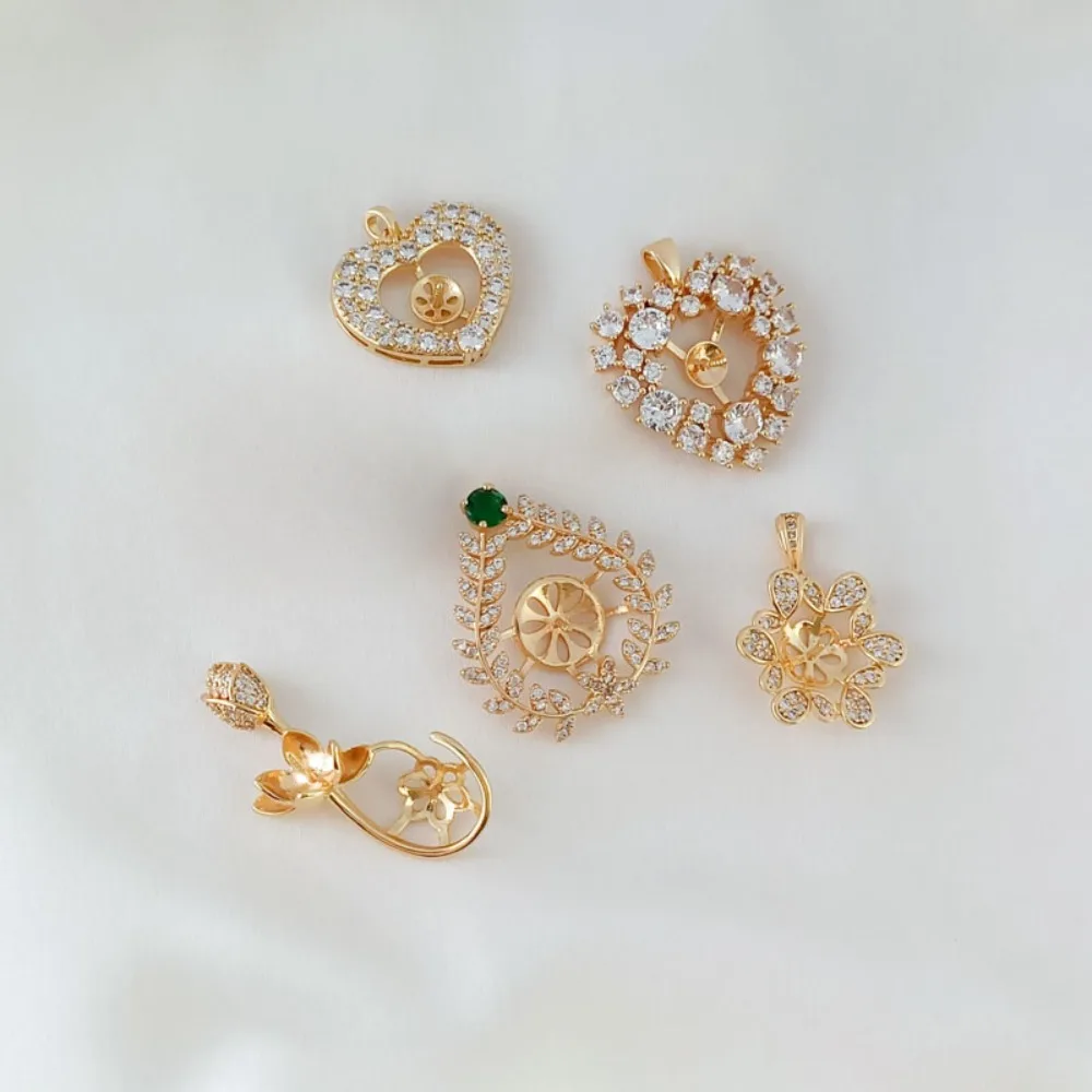 14K الذهب مرصع الزركون الدانتيل على شكل قلب زهرة برعم قلادة واللؤلؤ فارغة حامل قلادة قلادة Diy التبعي #4