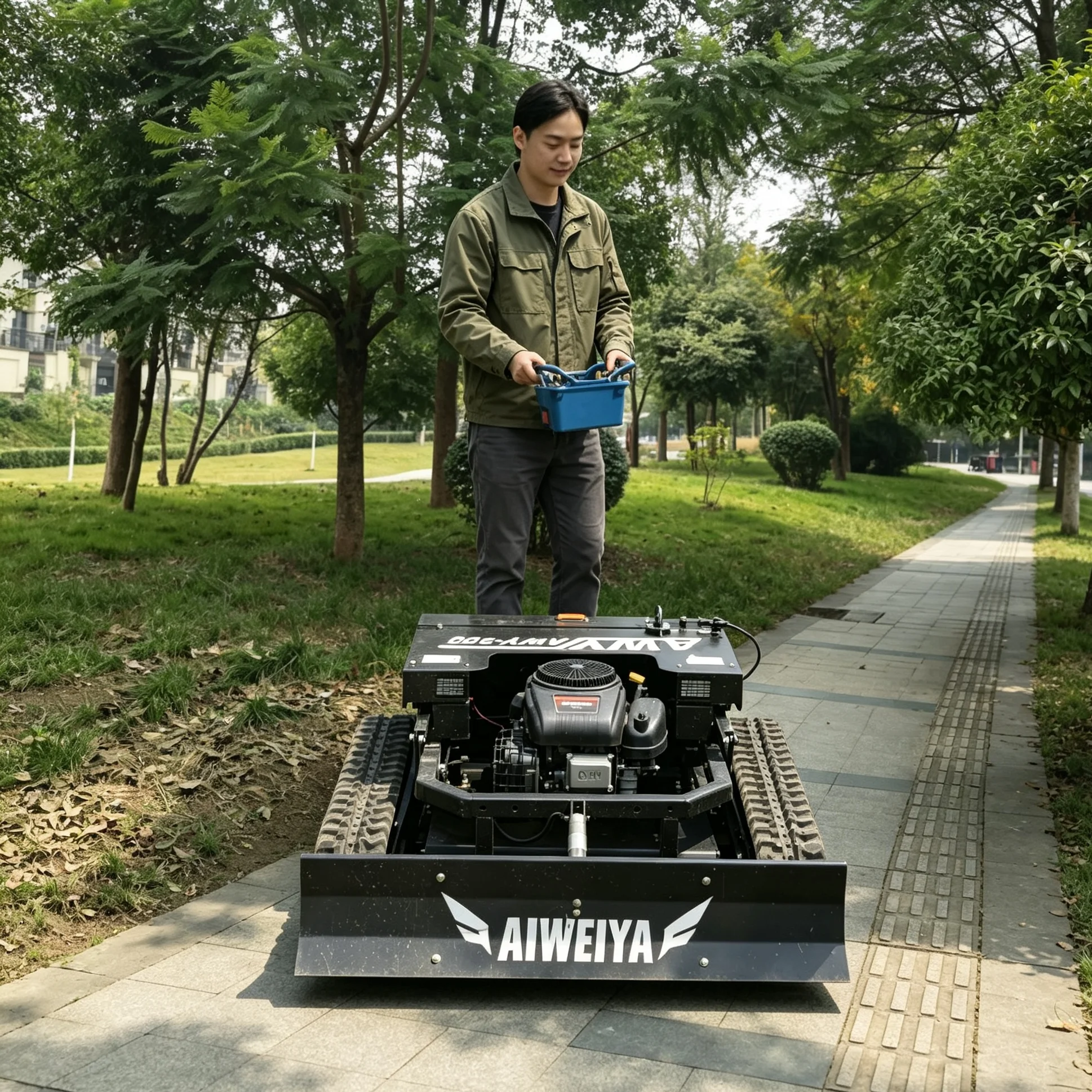 Customized All-terrain RC lawn mower robot self-propelled crawler 4-stroke, zero turn GPS system, adjustable cutting height