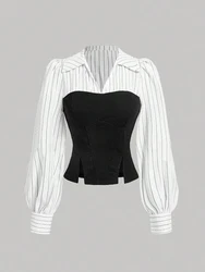 Women's Fashion Striped Spliced Lapel Shirt Elegant Fashion Style Business Casual Office Wear