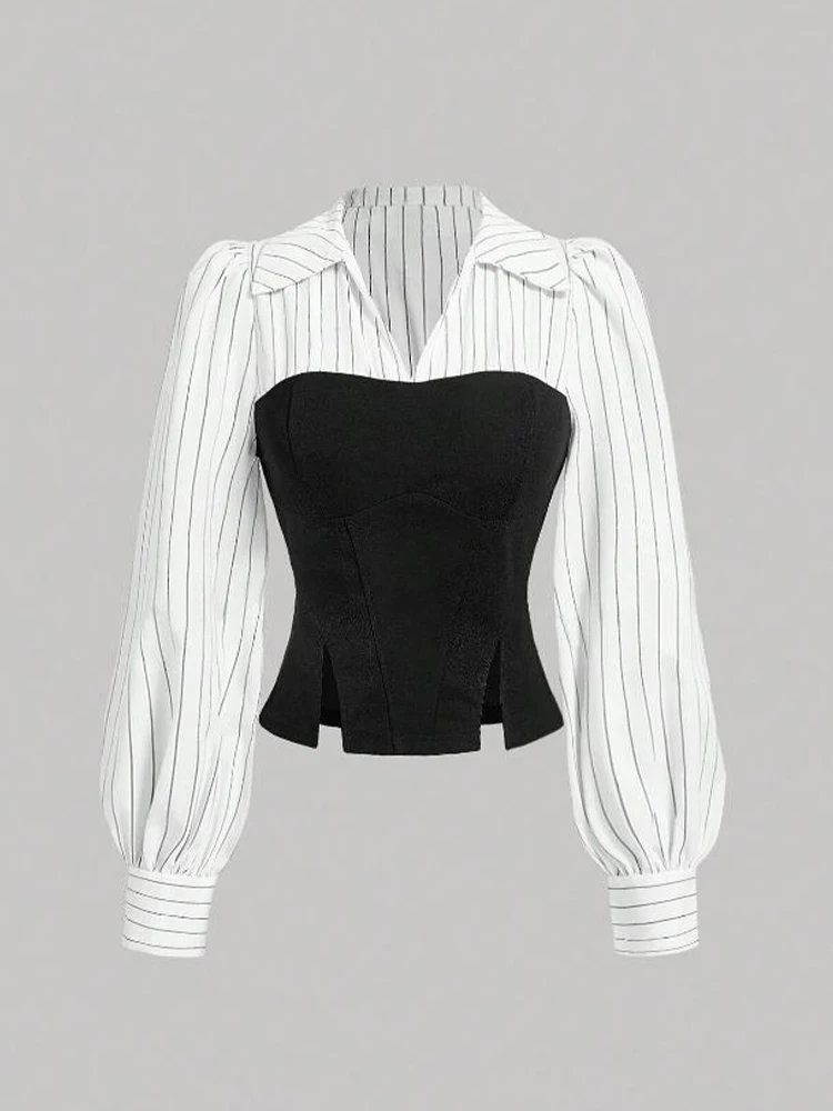 Women's Fashion Striped Spliced Lapel Shirt Elegant Fashion Style Business Casual Office Wear