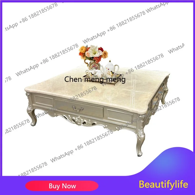

B73 French solid wood square court luxury villa living room with drawers marble large coffee table