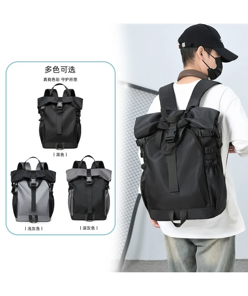 Black and gray roll top backpack adjustable buckle closure water resistant material multi pocket design suitable for outdoor