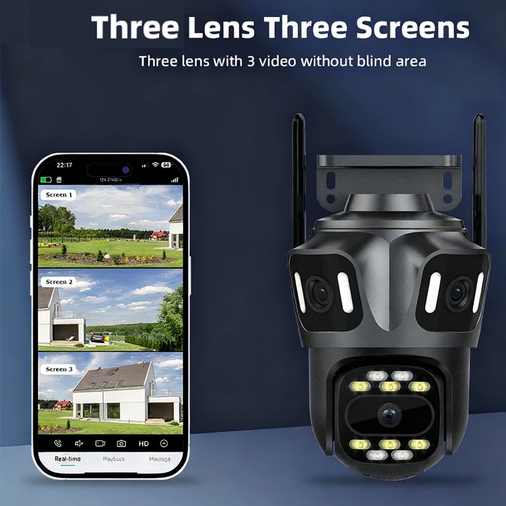  12MP 6K HD Three Lens Three Screen WIFI IP Outdoor Camera Human Detection Waterproof CCTV Video Security Camera iCsee