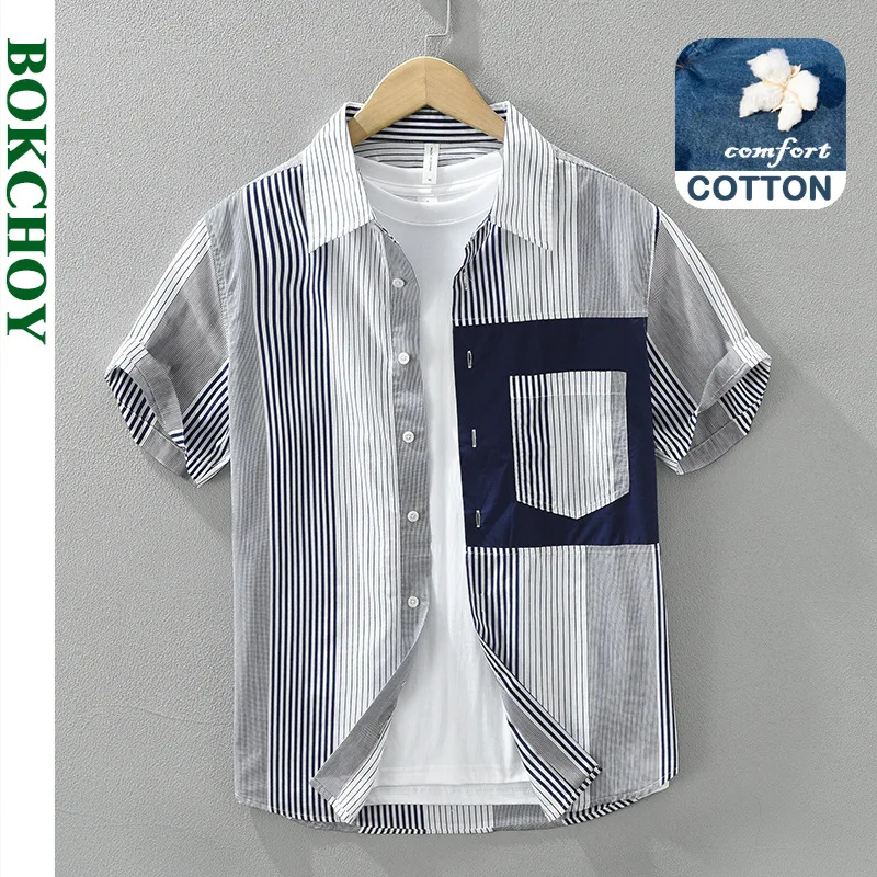 2024 Spring Summer New Patchwork Casual Striped Short Sleeve Shirts Men Clothing Thin Comfortable Cotton Streetwear CM8032