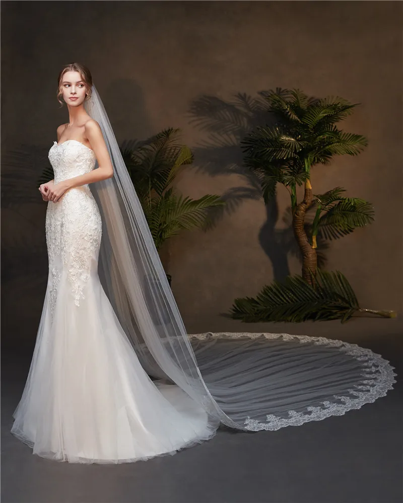 Velo da sposa retrò di alta qualità lungo 300cm velo da sposa reale a due strati con taglio speciale con accessori da sposa in velo di pizzo con paillettes