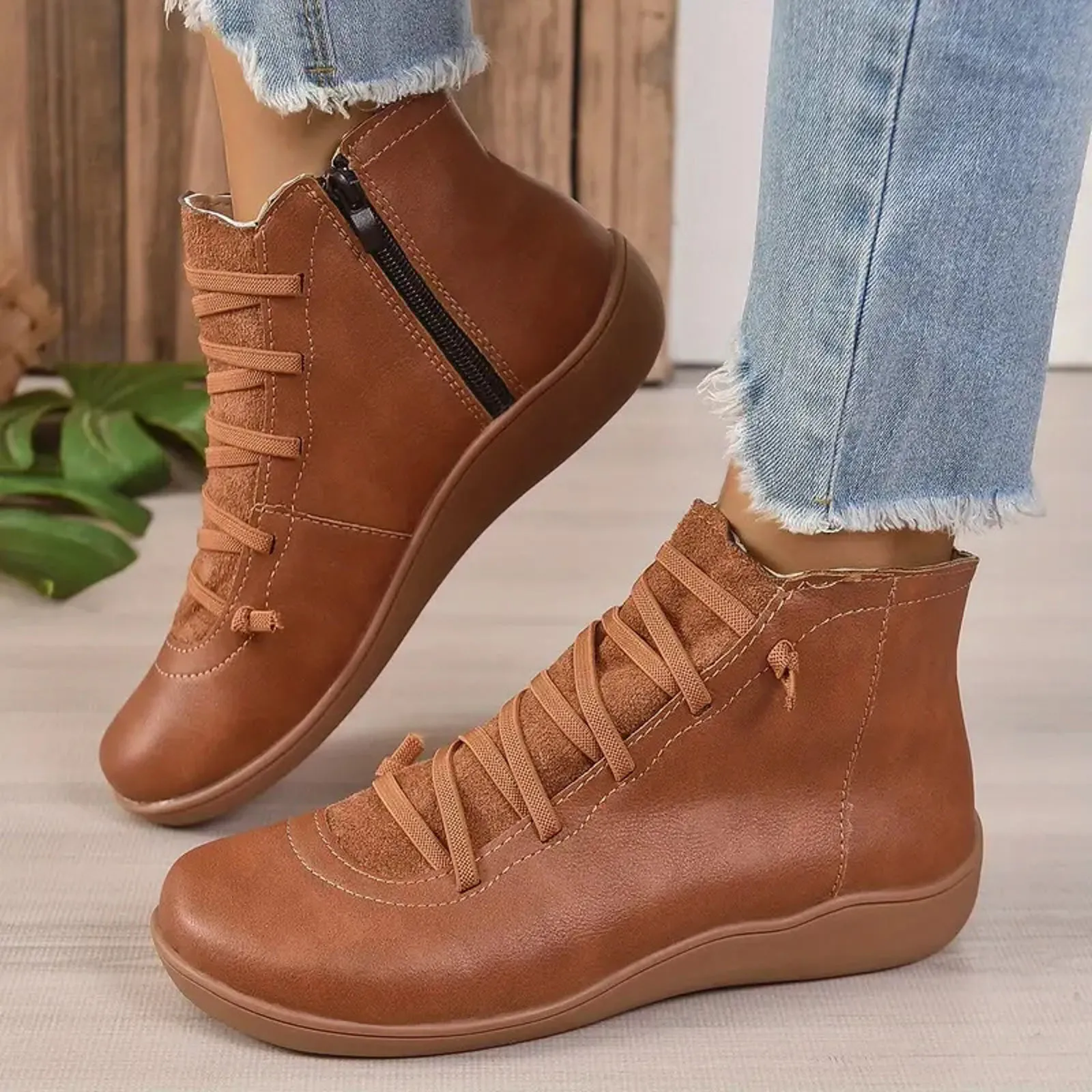 

Snow Boots Women Winter Genuine Leather Ankle Spring Flat Shoes Woman Short Vintage Boots with Fur 2024 for Women Lace Up Boots