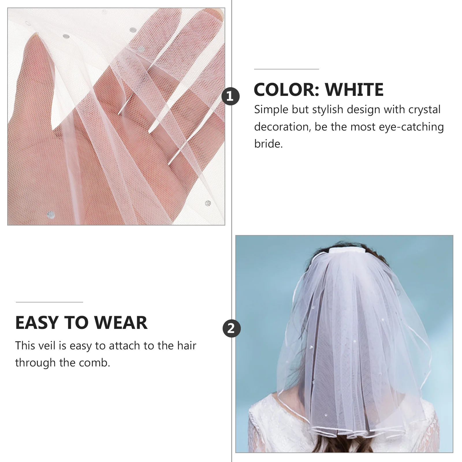 

Short Tulle Bridal Veil Comb Crystal Ribbon White Wedding Headpiece For Bride Flower Girl Party Photography Short Wedding