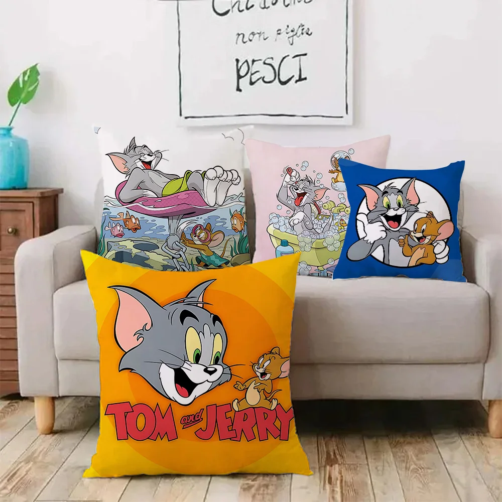 Fundas de almohada con estampado de Tom y Jerry, cubierta de cojín de felpa corta de doble cara, decoración de sofá de dibujos animados, novedad