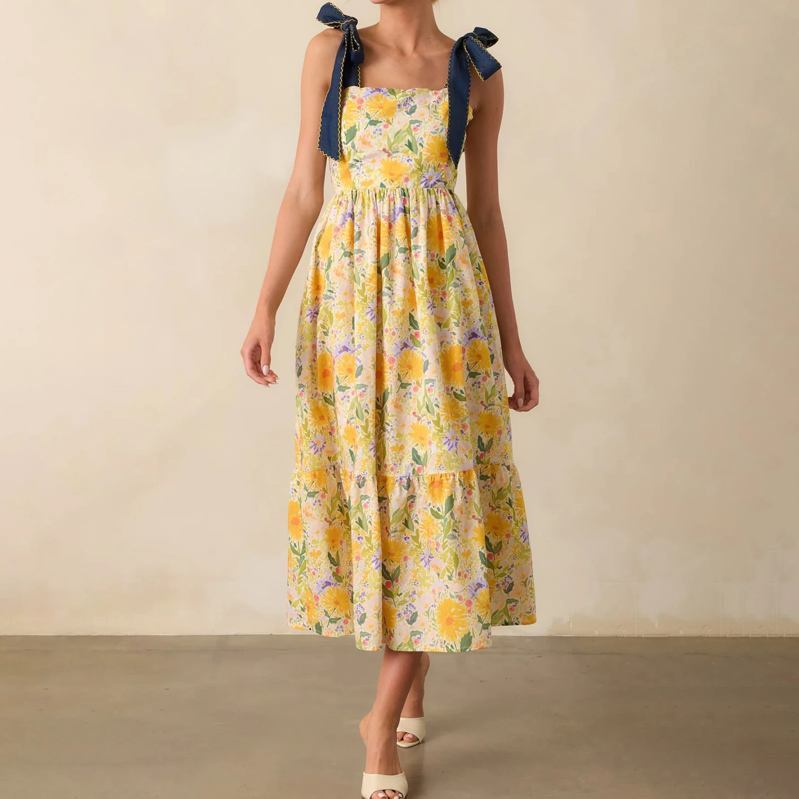 Feiertags-Damenkleid mit Spaghettiträgern und Blumenmuster, stilvolles, ärmelloses, schulterfreies, langes A-Linien-Kleid für Frühling und Sommer