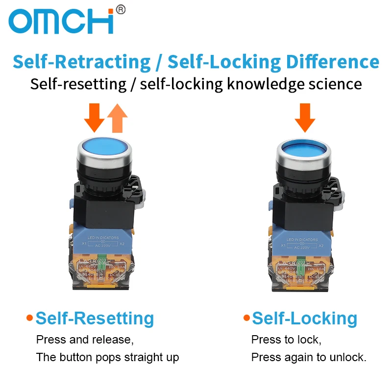 OMCH 1PCS LA38-11D/LA38-DZS 22mm Self-resetting/Self-locking Flat Button Switch with Light DC12V 24V AC220V 380V Control Button
