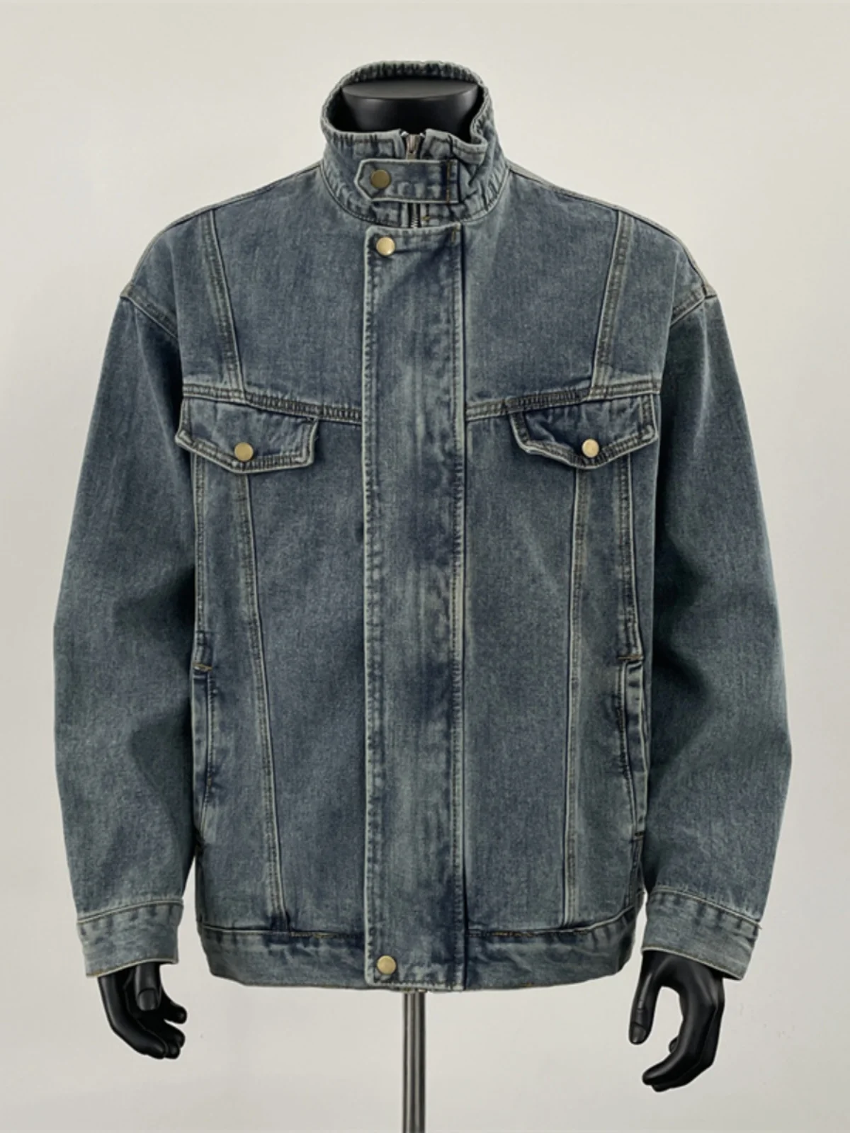 

Vintage Blue Denim Jacket Women/Men Stand Collar Long Sleeved Zipper Jean Coat Autumn Loose Casual Outerwear