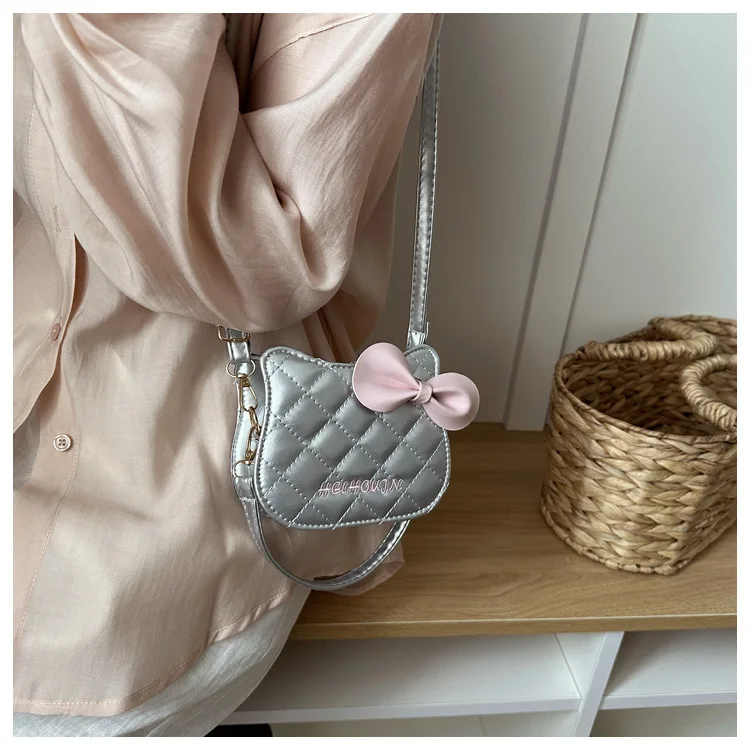 Schöne Damenhandtasche mit Katzenmuster, modische Umhängetasche mit Rautenmuster, süße Umhängetasche mit Schleife – Detail 12