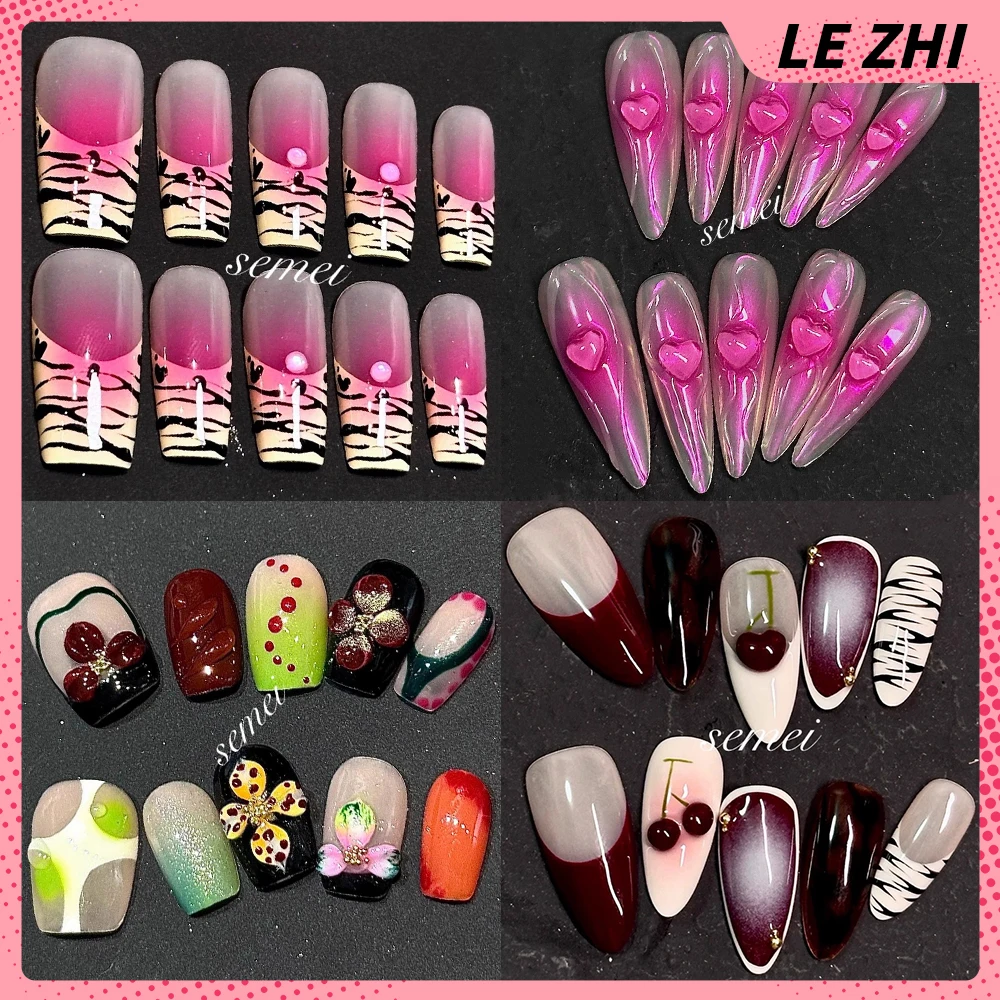 

10Pcs Spice Girls Handmade French Style Long Almond Coffin Nail Party Stickers 3D Flowers Diamond Pearl Design Press On Nails