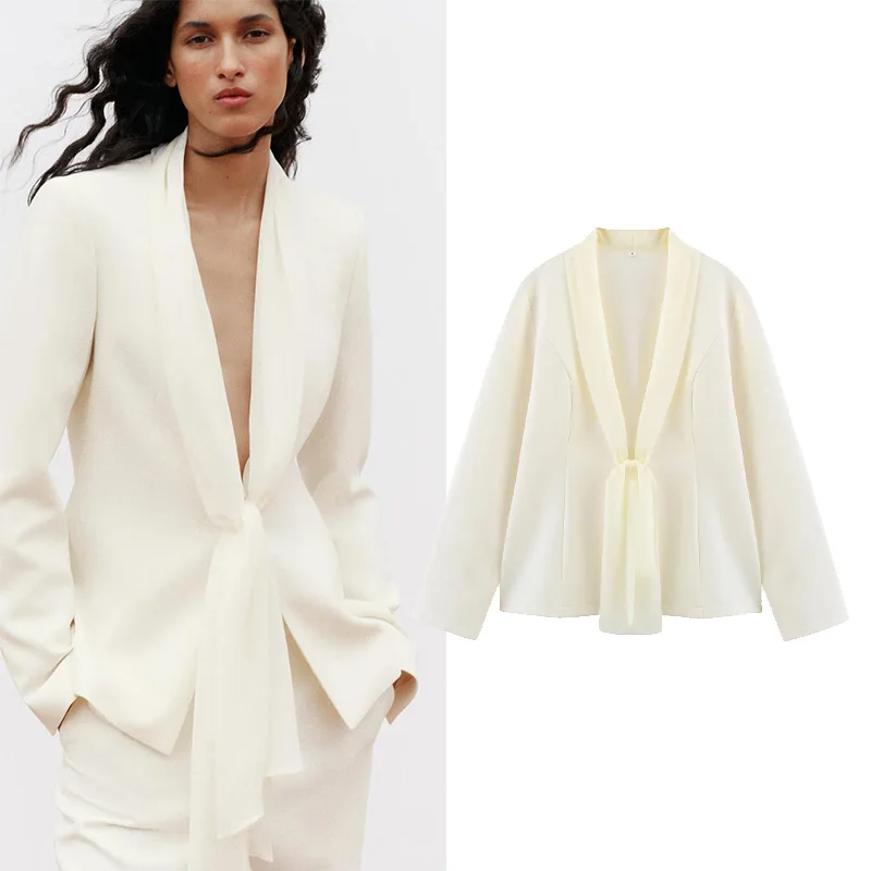

TRAF Scarf Lapel Blazer Women V Neck Contrast Fabric Women Outerwear Long Sleeve with Shoulder Pads Casual Women's Coats