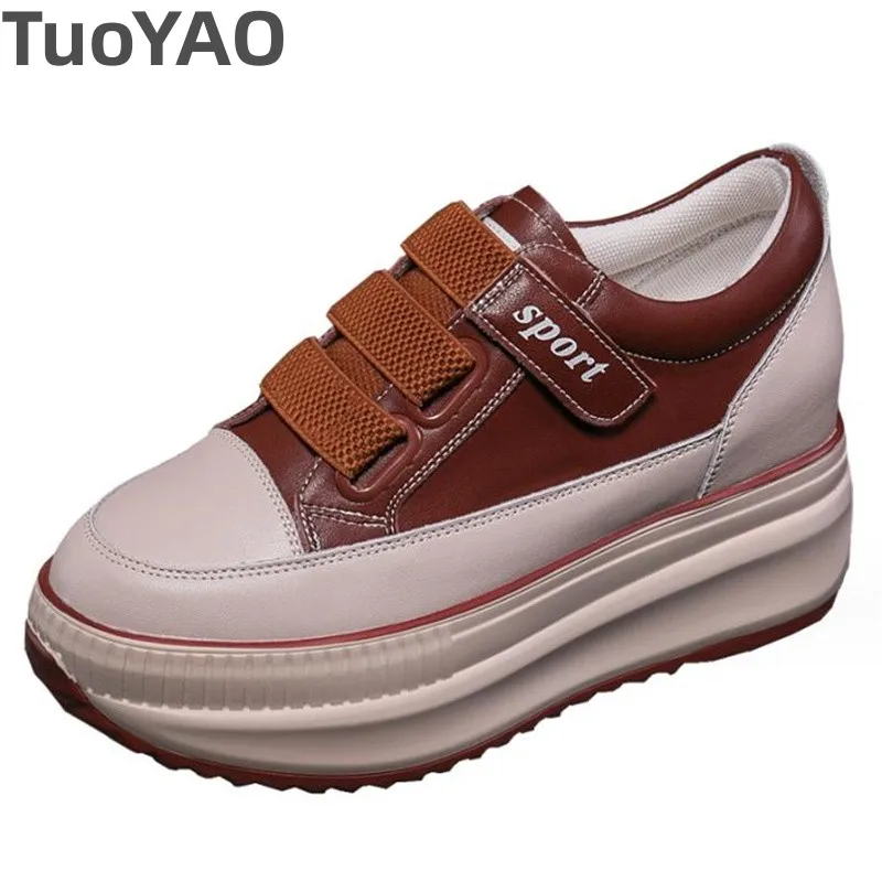 

8cm Women Stable High Platform Ladies Vulcanize Cow Genuine Leather Lace Up Chunky Sneakers New Fashion Spring Autumn Shoes