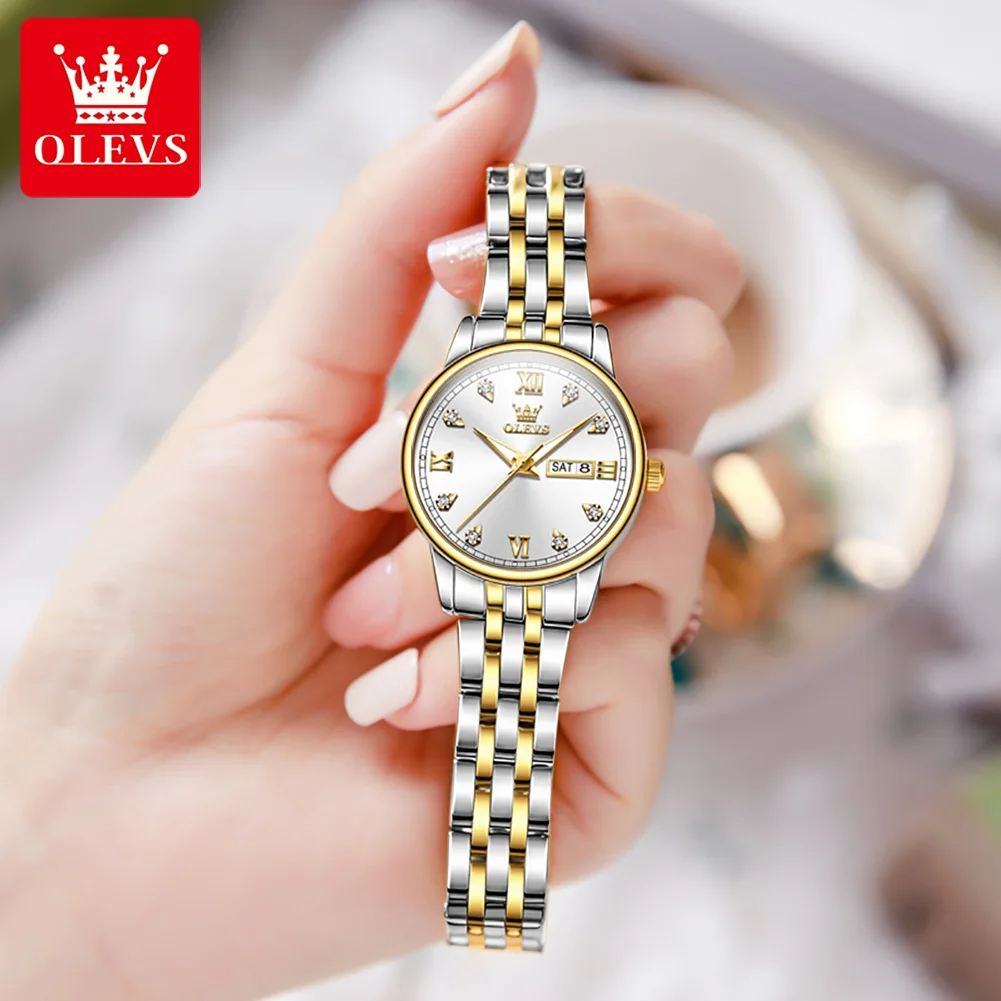 New OLEVS Women\'s Quartz Watch Stainless Steel Strap Auto Date Week Clock Luxury Diamond Dial Waterproof Classic Watch for Women