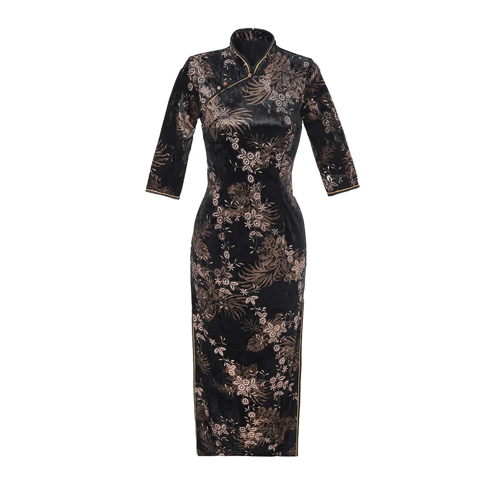 

Women Winter Long Cheongsam Dress 3/4 Sleeve Vintage Slim Dress Black Gold Velvet Wedding Party Traditional Dresses