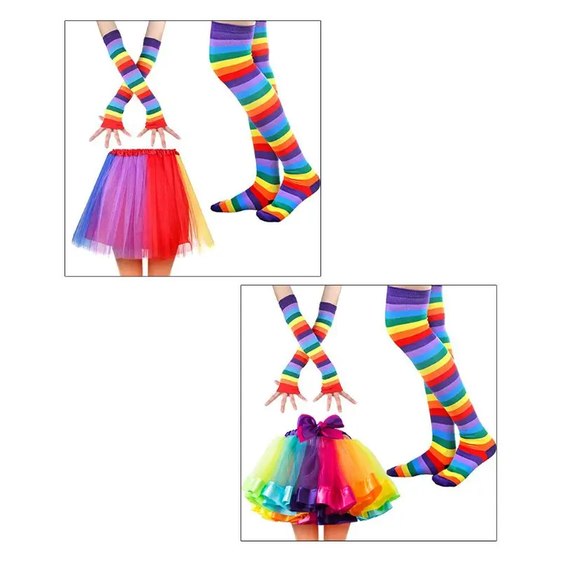 

3 Pcs/set Women Girls Rainbow Costume Sets Long Gloves Socks Stocking and Tulle Skirt Party Cosplay Accessory N7YF