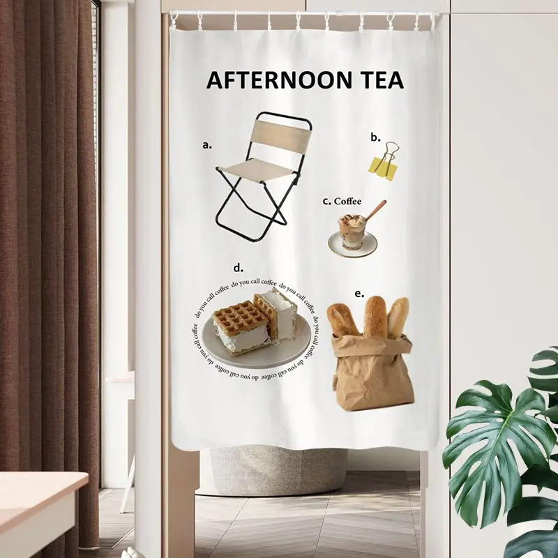 VIKAMA Sunny Saturday Morning Collage Door Curtain White Background Teddy Bear Sunglasses Cake Apple Coffee Book Retro Art Linen