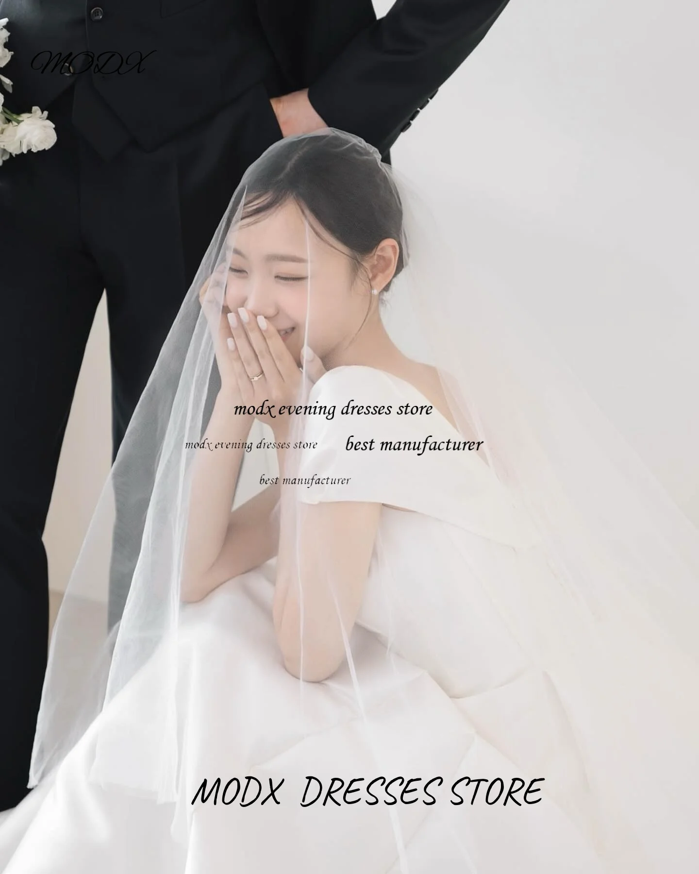 MODX Romantic A-line Satin Korean Wedding Dresses Square Neck Short Sleeve Customized Corset Church Ceremony Formal Event Dress