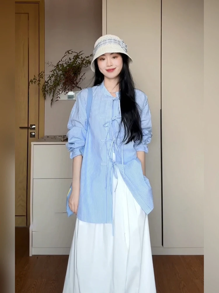 

XZY Simplici New Chinese Striped irt Top Women Summer Loose Slimming Skirt Set High Waist Commute Korean Sle Polyester ...