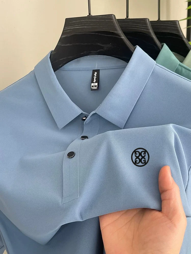 

Ice silk polo shirt brand printed short sleeved high-end men's summer style cool and comfortable casual business lapel T-shirt