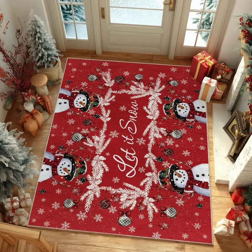 Extra Large Christmas Area Rug Red Snowman Snow Ball Carpet Washable Low Profile Throw Rug for Laundry Room Home Decor