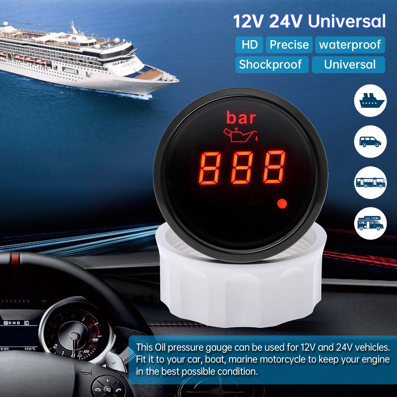 Digital 2" 52mm Oil Pressure Gauge with Alarm Red Backlight Waterproof 0-10Bar Oil Pressure Sensor for Marine Car Boat 12V 24V