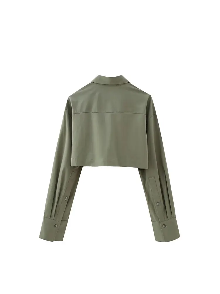 TELLHONEY moda donna colletto con risvolto camicette con cerniera anteriore donna Casual maniche lunghe pieghe camicia corta verde Chic allentata