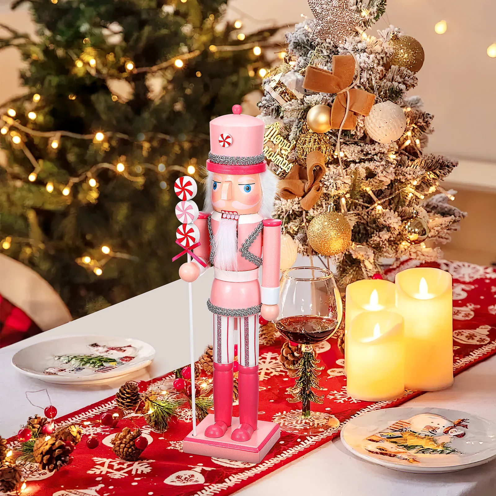 

Christmas Nutcrackers Figures Wooden Craft Ornament Candy Inspired Puppet Decoration for Home Fireplace Xmas 38cm