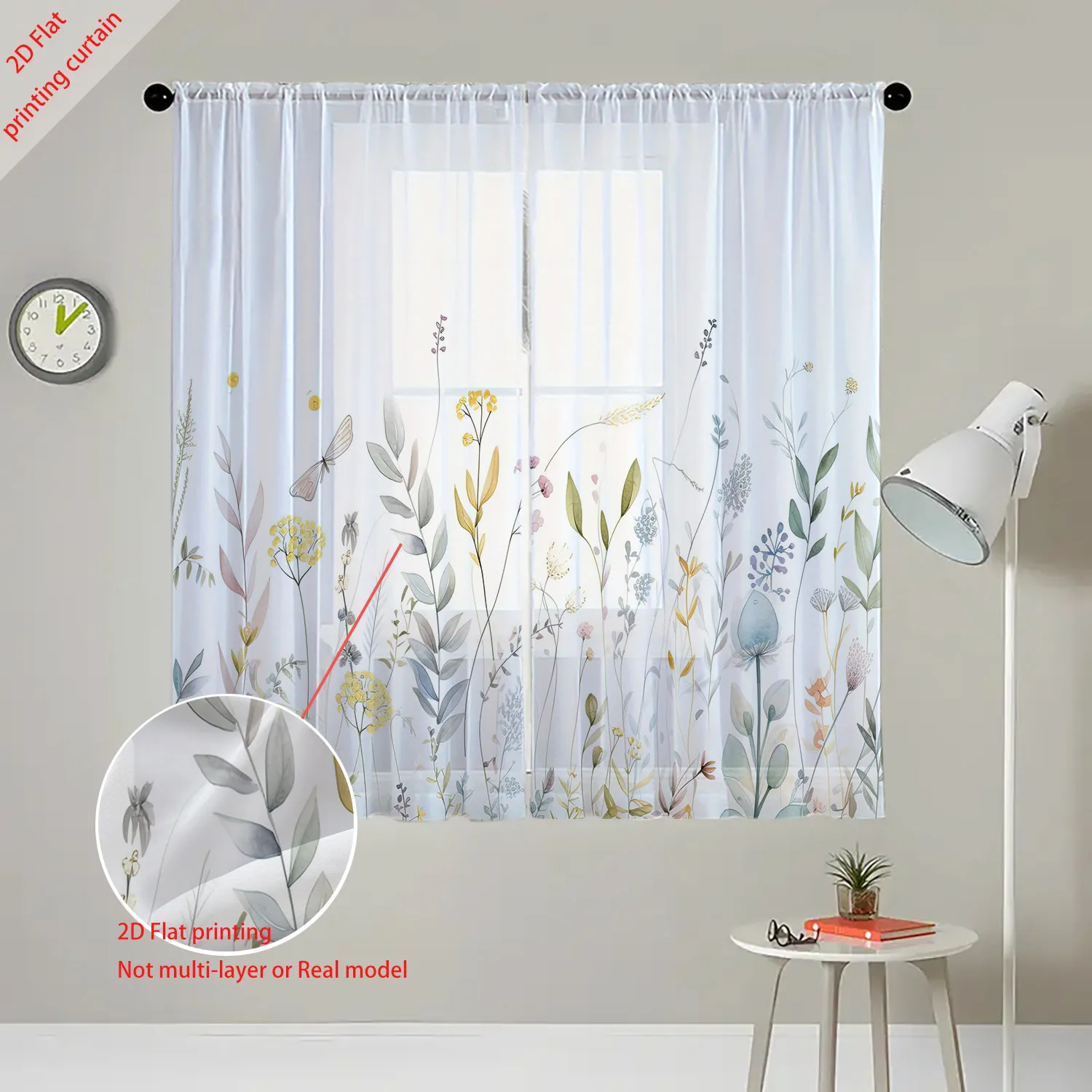 Nordic plant printed gauze curtains, transparent home curtains, office, dormitory, living room balcony window decorations