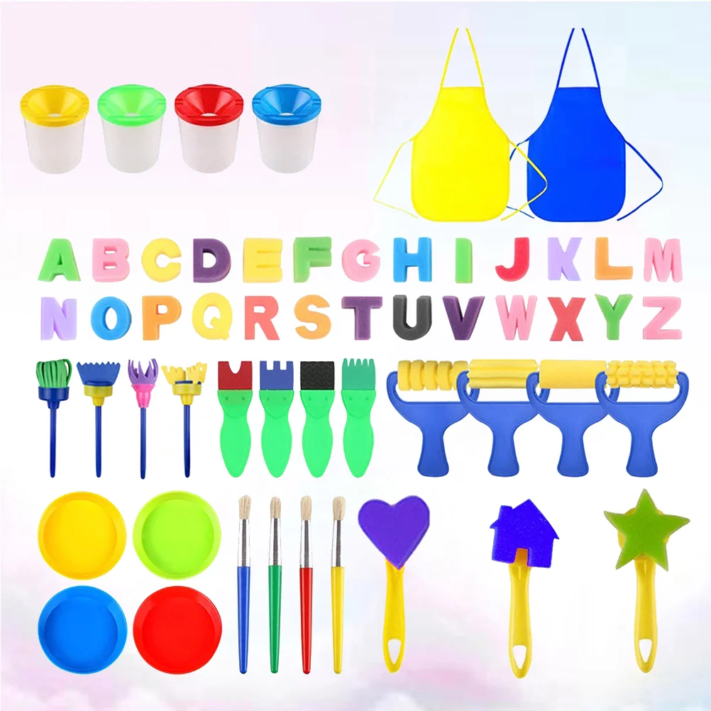 55pcs Kids DIY Painted Sponge and Apron Set Colorful Early Educational Graffiti Drawing Seal Painting Supplies