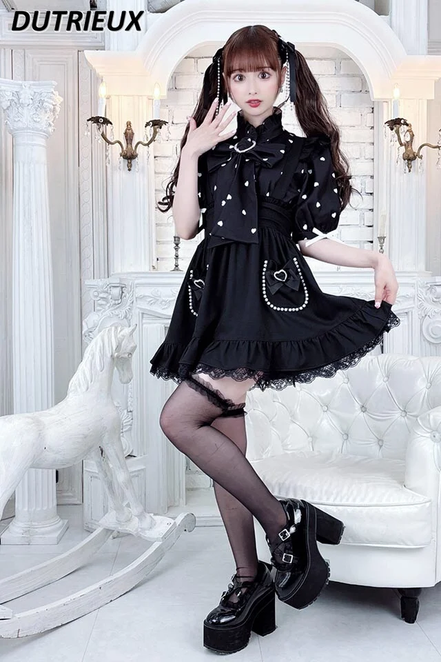 Summer Pearl Pocket Decorative Bowknot Suspender Skirt Japanese Style Sweet and Cute Girls High Waist Pure Color Skirts