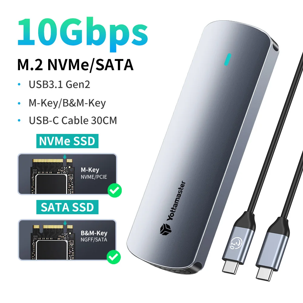NONE Yottamaster M2 SSD-Gehäuse Dual-Protokoll Festplattengehäuse 10Gbps NVME PCIE und 5Gbps SATA AHCI Externes Solid-State-Laufwerksgehäuse 9