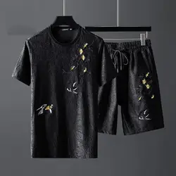 Men's summer high quality leisure sports suit fashion embroidered han edition short sleeve shorts two-piece printed